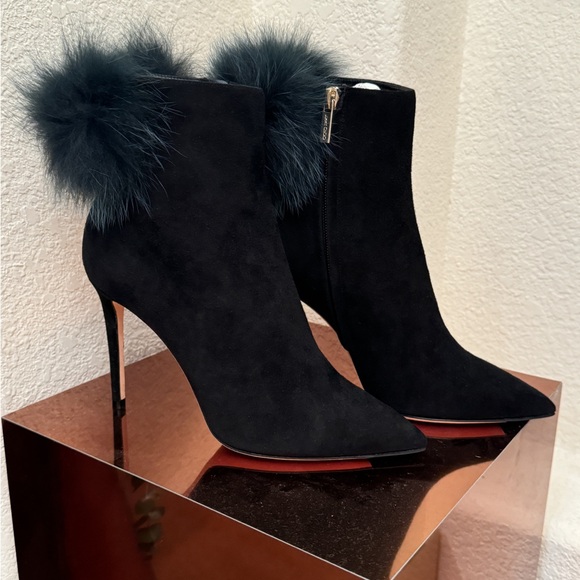 Jimmy Choo Tesler 100 XOS Black Suede/Bottle Green Mix Fox Fur - Picture 3 of 4